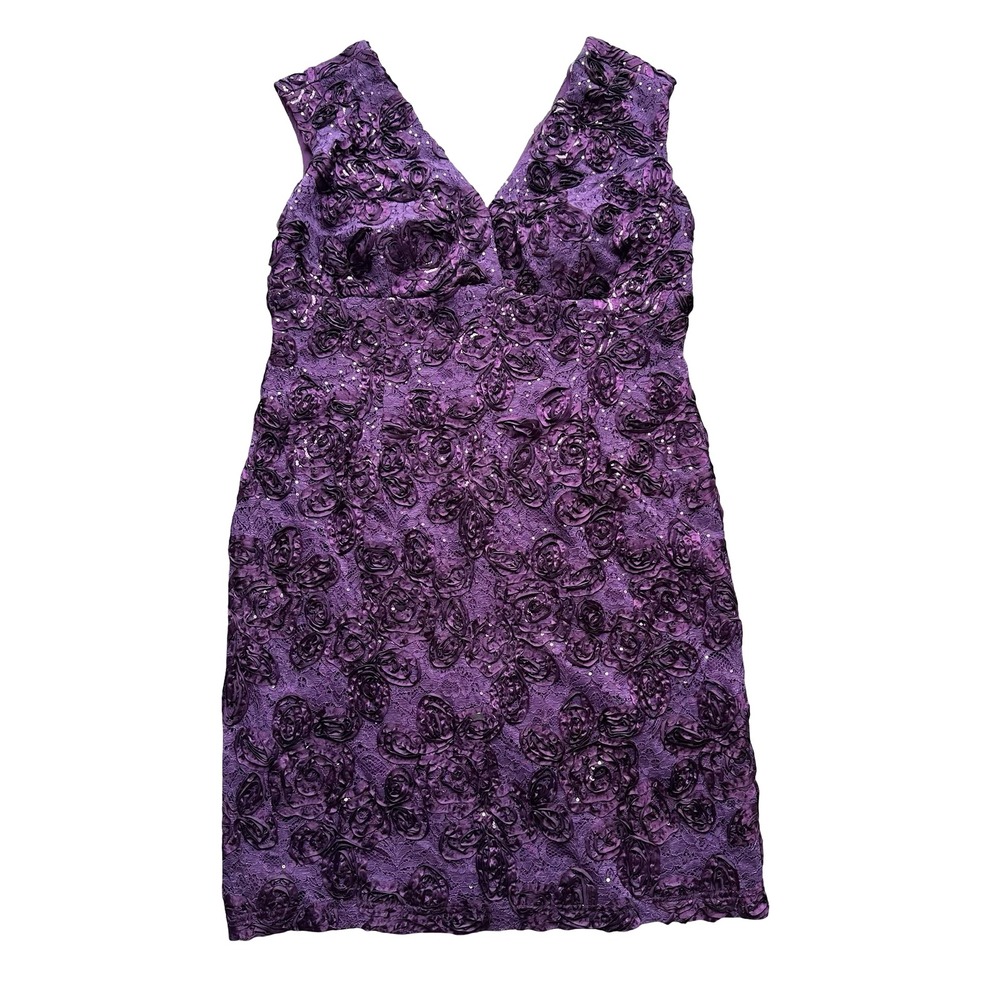 Marina Sheath Dress Size 14 Purple Floral Lace Sequin Embellishments V-Neck